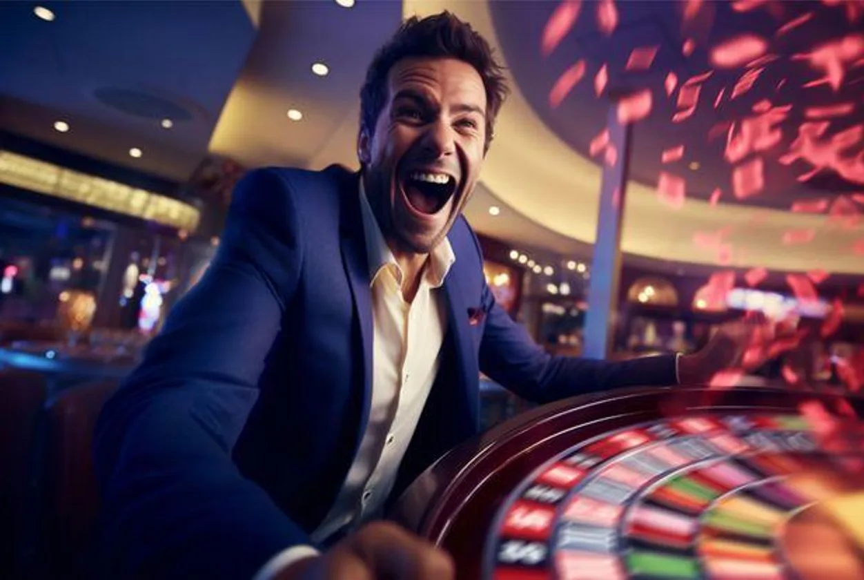 A man cheering at a roulette table