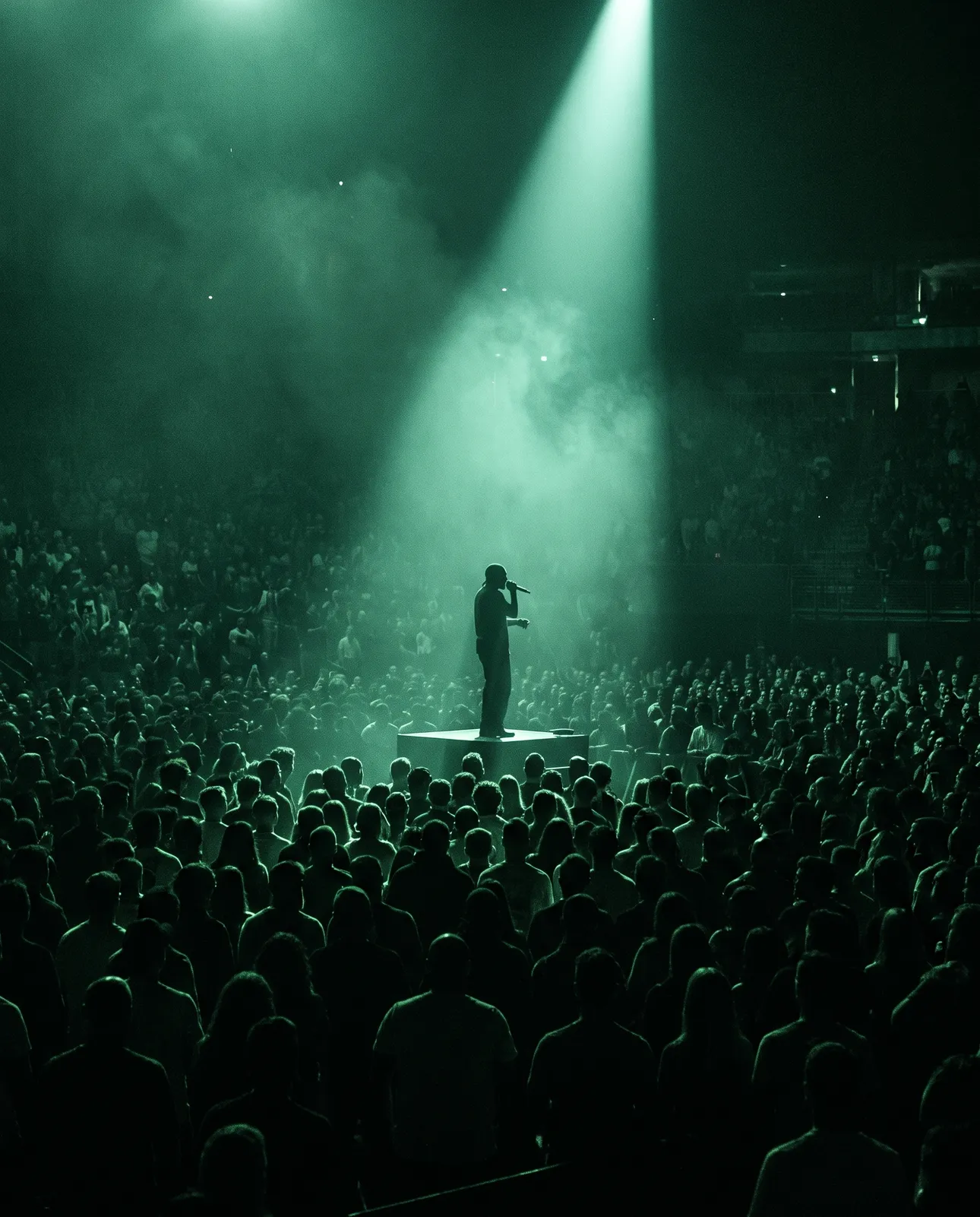 A founder speaking on stage under a spotlight to a large audience: one voice amplified to a crowd