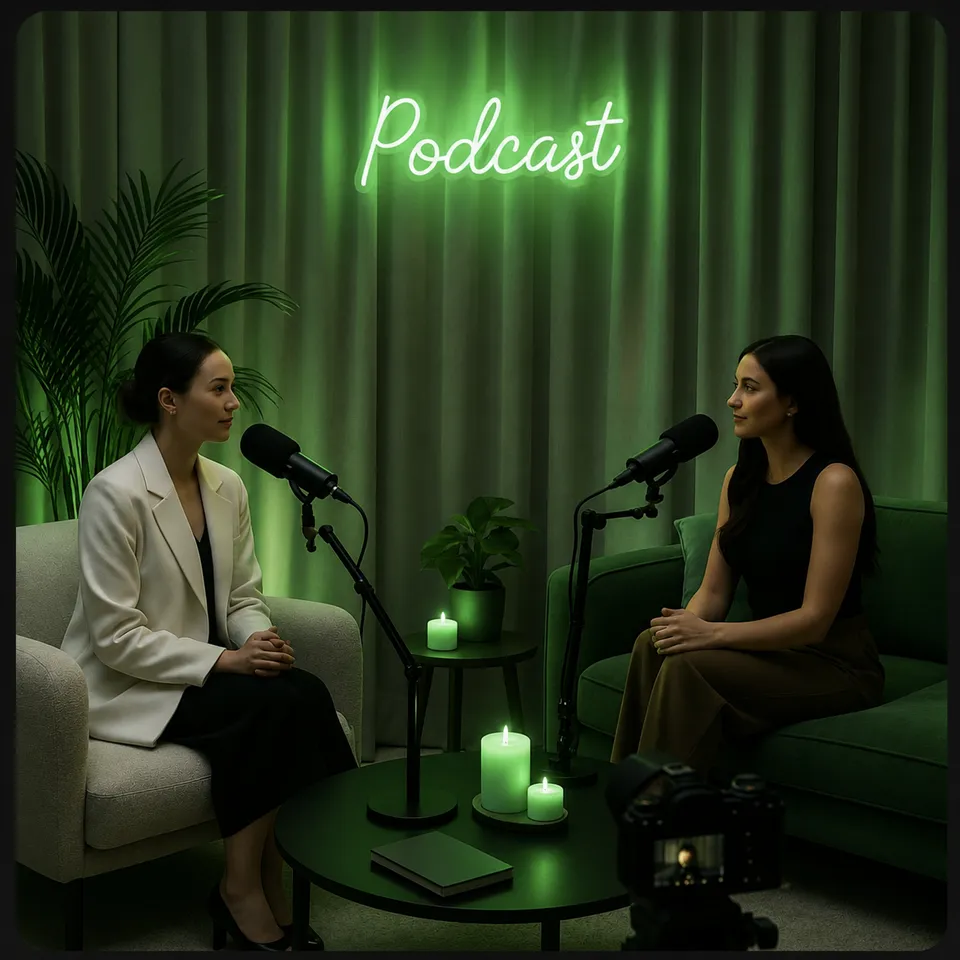 Podcast host recording an interview in a green-lit studio
